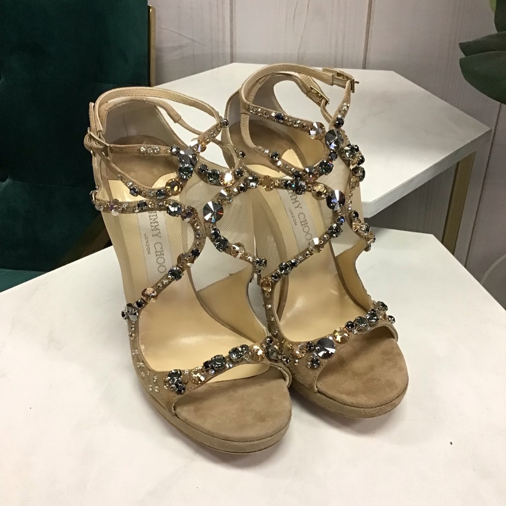 Jimmy Choo Tan and Gold Heels